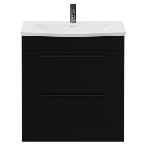Napoli Matt Black 800mm Floor Standing Vanity Unit with 1 Tap Hole Curved Basin and 2 Drawers with Gunmetal Grey Handles View from Front