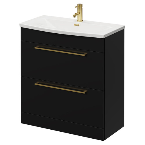Napoli Matt Black 800mm Floor Standing Vanity Unit with 1 Tap Hole Curved Basin and 2 Drawers with Brushed Brass Handles Right Hand View