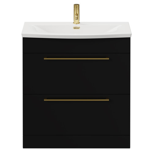 Napoli Matt Black 800mm Floor Standing Vanity Unit with 1 Tap Hole Curved Basin and 2 Drawers with Brushed Brass Handles View from Front