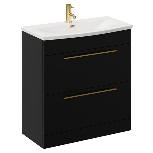 Napoli Matt Black 800mm Floor Standing Vanity Unit with 1 Tap Hole Curved Basin and 2 Drawers with Brushed Brass Handles Left Hand View