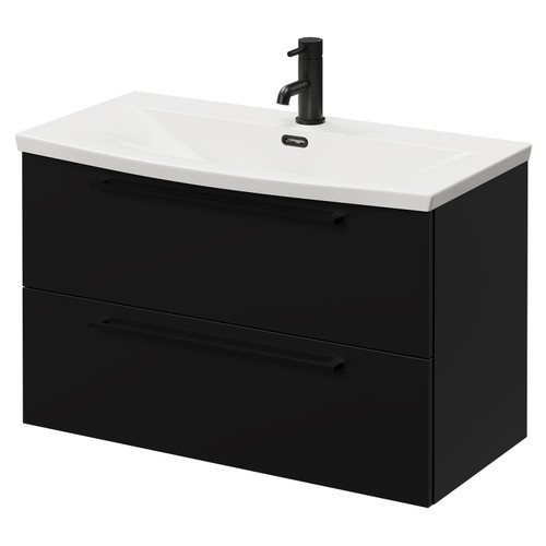 Napoli Matt Black 800mm Wall Mounted Vanity Unit with 1 Tap Hole Curved Basin and 2 Drawers with Matt Black Handles Right Hand View