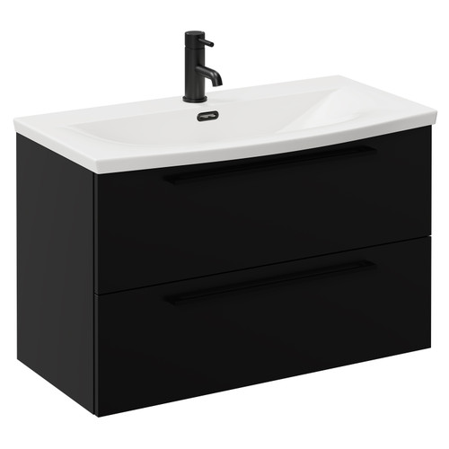 Napoli Matt Black 800mm Wall Mounted Vanity Unit with 1 Tap Hole Curved Basin and 2 Drawers with Matt Black Handles Left Hand View
