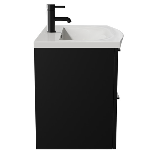 Napoli Matt Black 800mm Wall Mounted Vanity Unit with 1 Tap Hole Curved Basin and 2 Drawers with Matt Black Handles View from Side