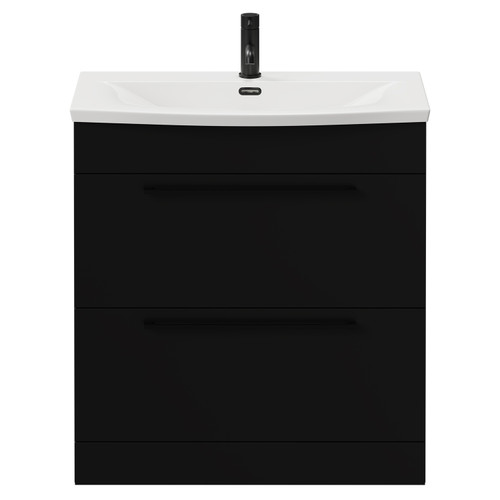 Napoli Matt Black 800mm Floor Standing Vanity Unit with 1 Tap Hole Curved Basin and 2 Drawers with Matt Black Handles View from Front