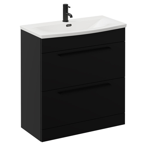 Napoli Matt Black 800mm Floor Standing Vanity Unit with 1 Tap Hole Curved Basin and 2 Drawers with Matt Black Handles Left Hand View