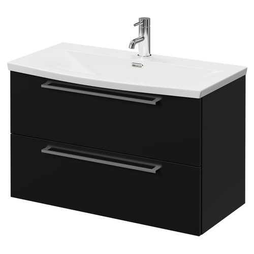 Napoli Matt Black 800mm Wall Mounted Vanity Unit with 1 Tap Hole Curved Basin and 2 Drawers with Chrome Handles Right Hand View