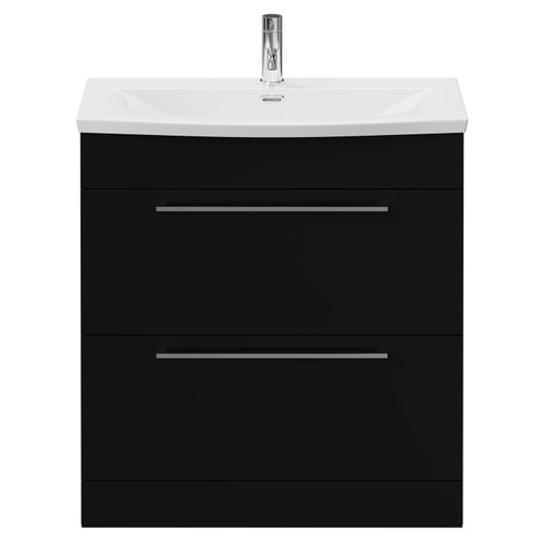 Napoli Matt Black 800mm Floor Standing Vanity Unit with 1 Tap Hole Curved Basin and 2 Drawers with Chrome Handles View from Front
