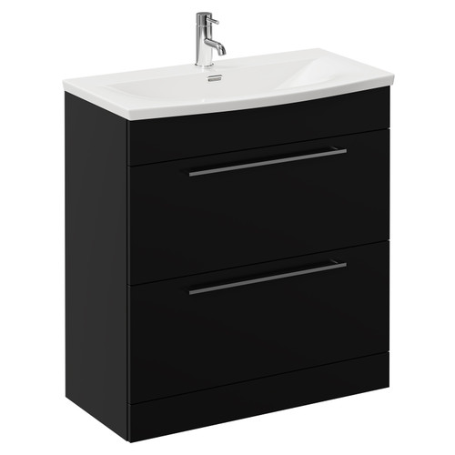 Napoli Matt Black 800mm Floor Standing Vanity Unit with 1 Tap Hole Curved Basin and 2 Drawers with Chrome Handles Left Hand View