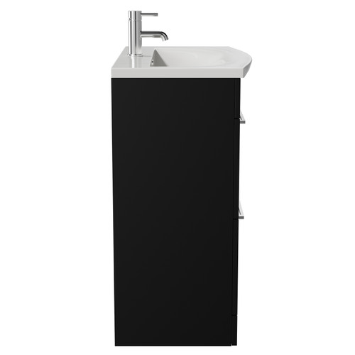 Napoli Matt Black 800mm Floor Standing Vanity Unit with 1 Tap Hole Curved Basin and 2 Drawers with Chrome Handles View from Side