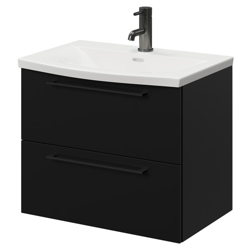 Napoli Matt Black 600mm Wall Mounted Vanity Unit with 1 Tap Hole Curved Basin and 2 Drawers with Gunmetal Grey Handles Right Hand View
