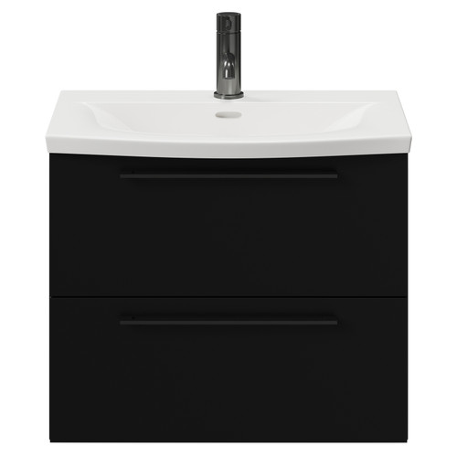 Napoli Matt Black 600mm Wall Mounted Vanity Unit with 1 Tap Hole Curved Basin and 2 Drawers with Gunmetal Grey Handles View from Front