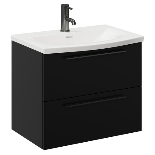 Napoli Matt Black 600mm Wall Mounted Vanity Unit with 1 Tap Hole Curved Basin and 2 Drawers with Gunmetal Grey Handles Left Hand View