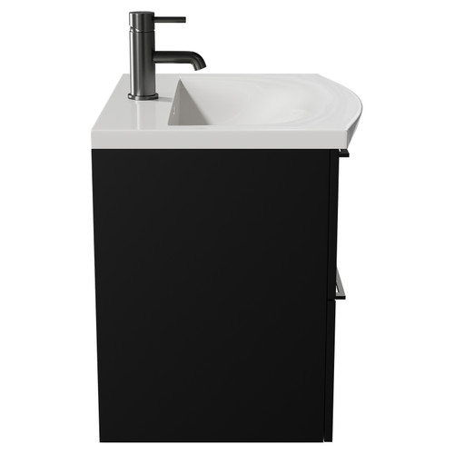 Napoli Matt Black 600mm Wall Mounted Vanity Unit with 1 Tap Hole Curved Basin and 2 Drawers with Gunmetal Grey Handles View from Side