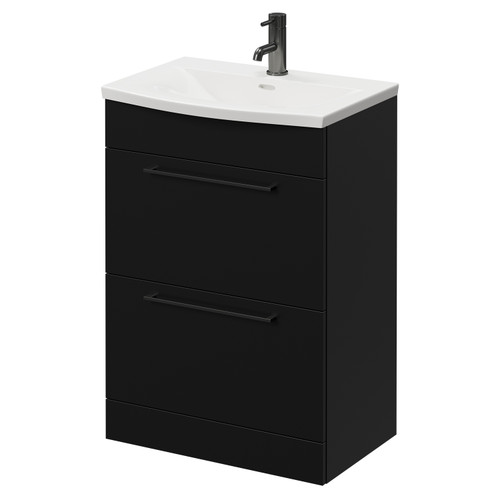 Napoli Matt Black 600mm Floor Standing Vanity Unit with 1 Tap Hole Curved Basin and 2 Drawers with Gunmetal Grey Handles Right Hand View
