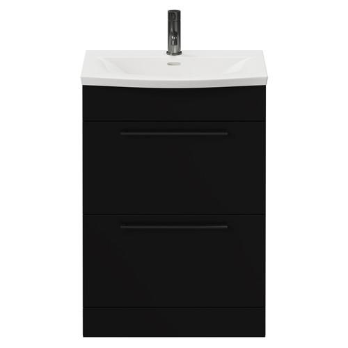 Napoli Matt Black 600mm Floor Standing Vanity Unit with 1 Tap Hole Curved Basin and 2 Drawers with Gunmetal Grey Handles View from Front