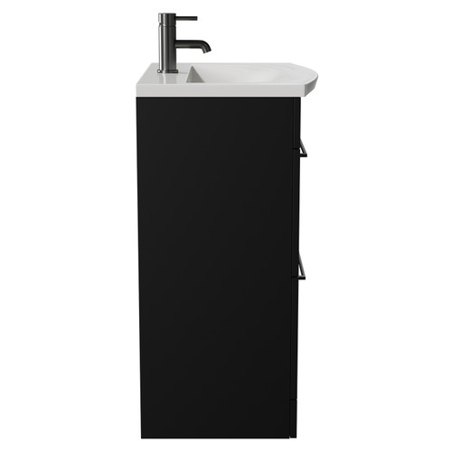 Napoli Matt Black 600mm Floor Standing Vanity Unit with 1 Tap Hole Curved Basin and 2 Drawers with Gunmetal Grey Handles View from Side