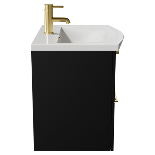 Napoli Matt Black 600mm Wall Mounted Vanity Unit with 1 Tap Hole Curved Basin and 2 Drawers with Brushed Brass Handles View from Side