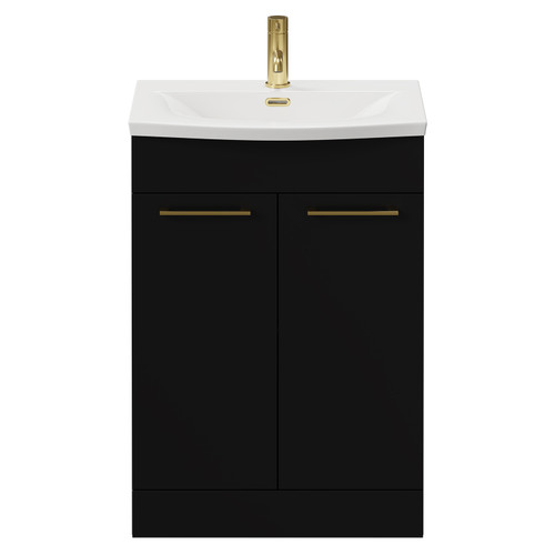 Napoli Matt Black 600mm Floor Standing Vanity Unit with 1 Tap Hole Curved Basin and 2 Doors with Brushed Brass Handles View from Front