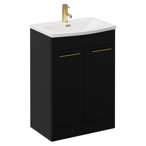 Napoli Matt Black 600mm Floor Standing Vanity Unit with 1 Tap Hole Curved Basin and 2 Doors with Brushed Brass Handles Left Hand View