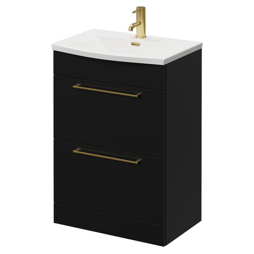 Napoli Matt Black 600mm Floor Standing Vanity Unit with 1 Tap Hole Curved Basin and 2 Drawers with Brushed Brass Handles Right Hand View
