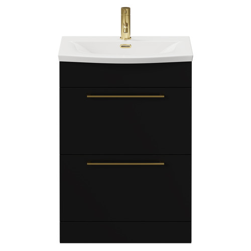 Napoli Matt Black 600mm Floor Standing Vanity Unit with 1 Tap Hole Curved Basin and 2 Drawers with Brushed Brass Handles View from Front