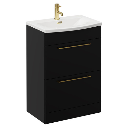 Napoli Matt Black 600mm Floor Standing Vanity Unit with 1 Tap Hole Curved Basin and 2 Drawers with Brushed Brass Handles Left Hand View