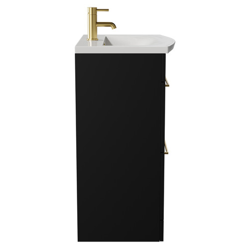 Napoli Matt Black 600mm Floor Standing Vanity Unit with 1 Tap Hole Curved Basin and 2 Drawers with Brushed Brass Handles View from Side