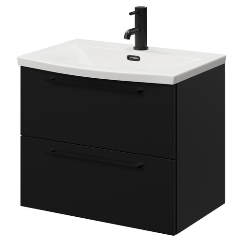 Napoli Matt Black 600mm Wall Mounted Vanity Unit with 1 Tap Hole Curved Basin and 2 Drawers with Matt Black Handles Right Hand View