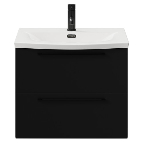 Napoli Matt Black 600mm Wall Mounted Vanity Unit with 1 Tap Hole Curved Basin and 2 Drawers with Matt Black Handles View from Front