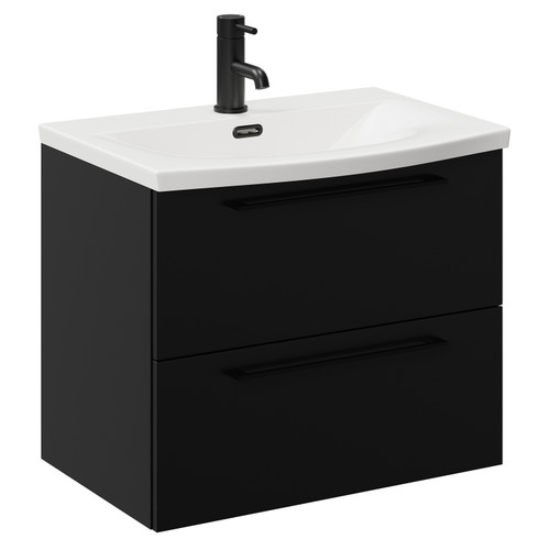Napoli Matt Black 600mm Wall Mounted Vanity Unit with 1 Tap Hole Curved Basin and 2 Drawers with Matt Black Handles Left Hand View