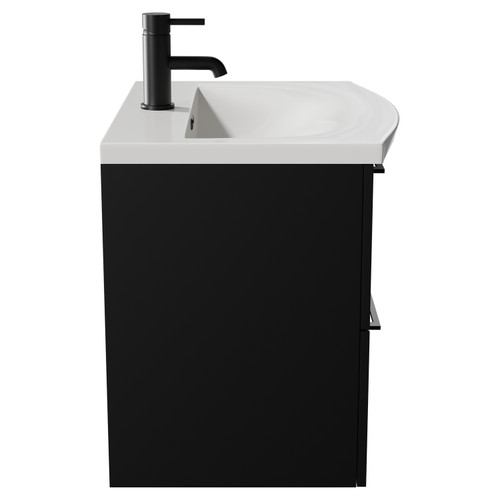 Napoli Matt Black 600mm Wall Mounted Vanity Unit with 1 Tap Hole Curved Basin and 2 Drawers with Matt Black Handles View from Side