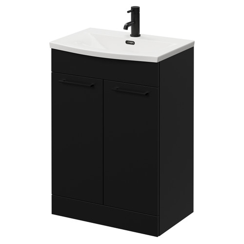 Napoli Matt Black 600mm Floor Standing Vanity Unit with 1 Tap Hole Curved Basin and 2 Doors with Matt Black Handles Right Hand View