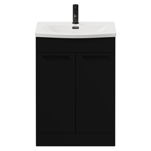 Napoli Matt Black 600mm Floor Standing Vanity Unit with 1 Tap Hole Curved Basin and 2 Doors with Matt Black Handles View from Front