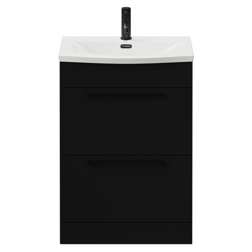 Napoli Matt Black 600mm Floor Standing Vanity Unit with 1 Tap Hole Curved Basin and 2 Drawers with Matt Black Handles View from Front