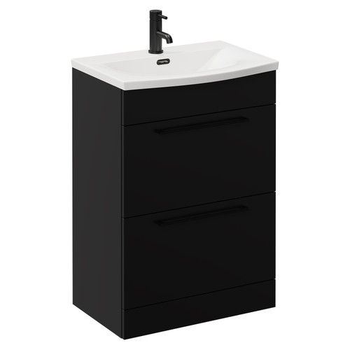 Napoli Matt Black 600mm Floor Standing Vanity Unit with 1 Tap Hole Curved Basin and 2 Drawers with Matt Black Handles Left Hand View