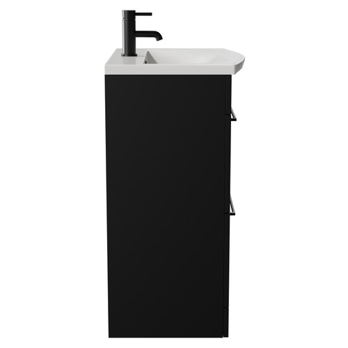 Napoli Matt Black 600mm Floor Standing Vanity Unit with 1 Tap Hole Curved Basin and 2 Drawers with Matt Black Handles View from Side