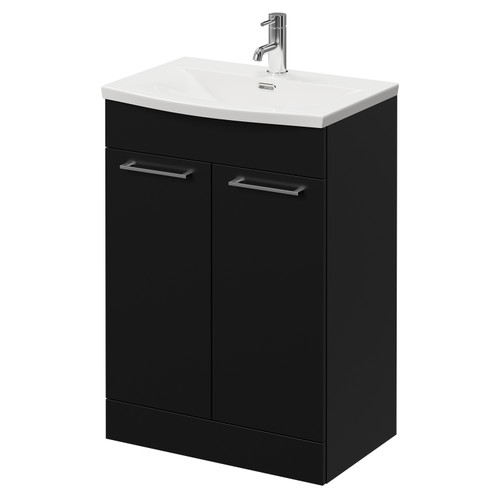 Napoli Matt Black 600mm Floor Standing Vanity Unit with 1 Tap Hole Curved Basin and 2 Doors with Chrome Handles Right Hand View