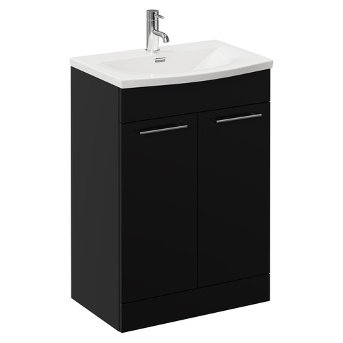 Napoli Matt Black 600mm Floor Standing Vanity Unit with 1 Tap Hole Curved Basin and 2 Doors with Chrome Handles Left Hand View Napoli Matt Black 600mm Floor Standing Vanity Unit with 1 Tap Hole Curved Basin and 2 Doors with Chrome Handles Left Hand View