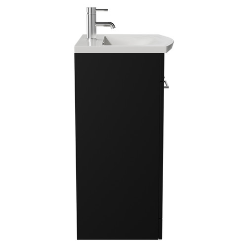 Napoli Matt Black 600mm Floor Standing Vanity Unit with 1 Tap Hole Curved Basin and 2 Doors with Chrome Handles View from Side Napoli Matt Black 600mm Floor Standing Vanity Unit with 1 Tap Hole Curved Basin and 2 Doors with Chrome Handles View from Side