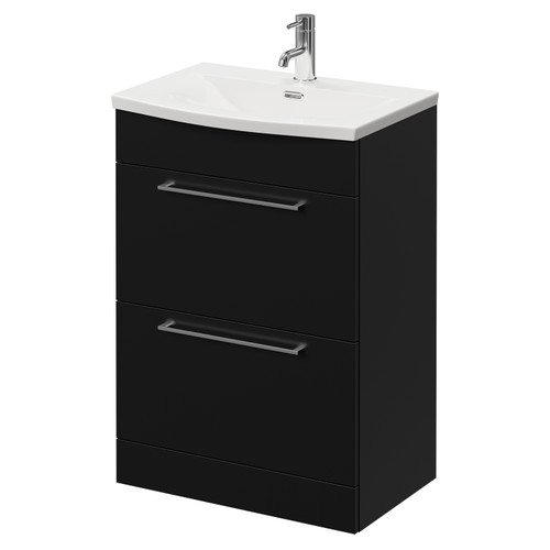 Napoli Matt Black 600mm Floor Standing Vanity Unit with 1 Tap Hole Curved Basin and 2 Drawers with Chrome Handles Right Hand View
