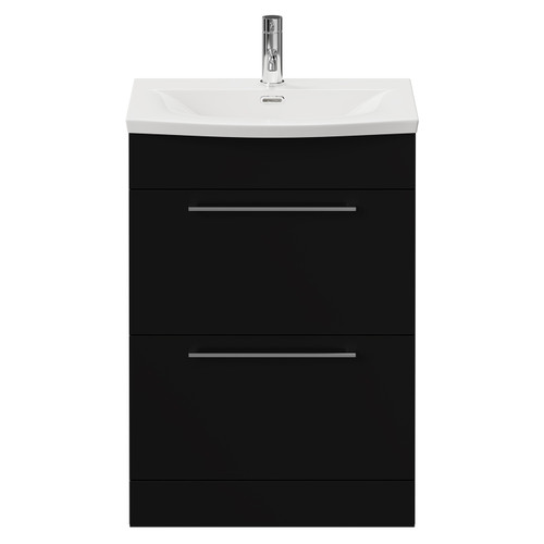 Napoli Matt Black 600mm Floor Standing Vanity Unit with 1 Tap Hole Curved Basin and 2 Drawers with Chrome Handles View from Front