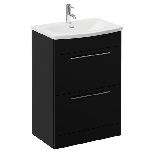 Napoli Matt Black 600mm Floor Standing Vanity Unit with 1 Tap Hole Curved Basin and 2 Drawers with Chrome Handles Left Hand View