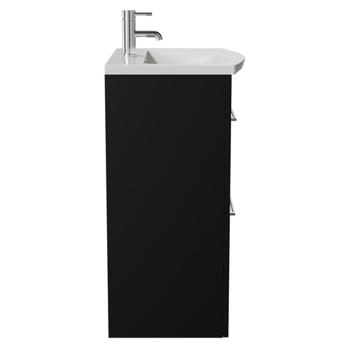 Napoli Matt Black 600mm Floor Standing Vanity Unit with 1 Tap Hole Curved Basin and 2 Drawers with Chrome Handles View from Side