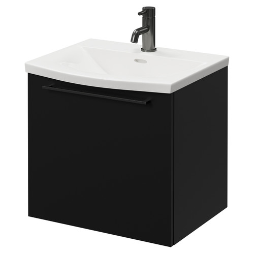 Napoli Matt Black 500mm Wall Mounted Vanity Unit with 1 Tap Hole Curved Basin and Single Drawer with Gunmetal Grey Handle Right Hand View
