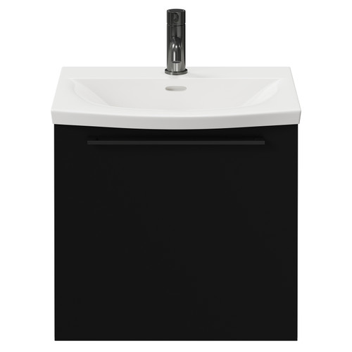 Napoli Matt Black 500mm Wall Mounted Vanity Unit with 1 Tap Hole Curved Basin and Single Drawer with Gunmetal Grey Handle View from Front