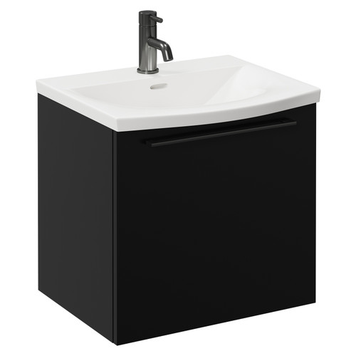 Napoli Matt Black 500mm Wall Mounted Vanity Unit with 1 Tap Hole Curved Basin and Single Drawer with Gunmetal Grey Handle Left Hand View