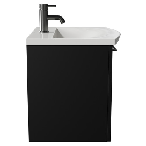 Napoli Matt Black 500mm Wall Mounted Vanity Unit with 1 Tap Hole Curved Basin and Single Drawer with Gunmetal Grey Handle View from Side