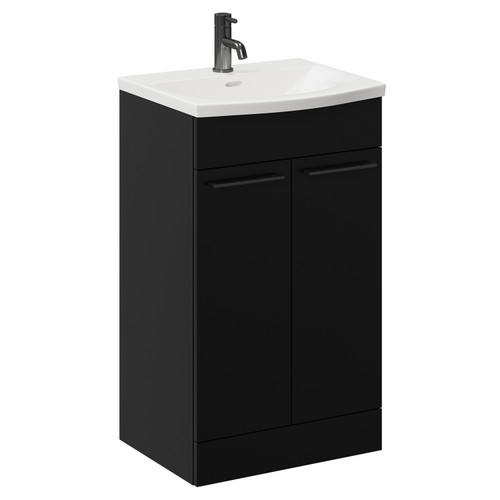 Napoli Matt Black 500mm Floor Standing Vanity Unit with 1 Tap Hole Curved Basin and 2 Doors with Gunmetal Grey Handles Left Hand View