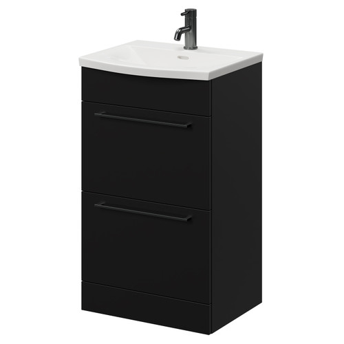 Napoli Matt Black 500mm Floor Standing Vanity Unit with 1 Tap Hole Curved Basin and 2 Drawers with Gunmetal Grey Handles Right Hand View