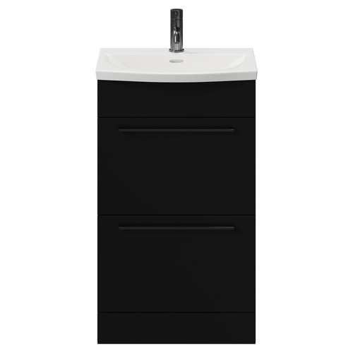 Napoli Matt Black 500mm Floor Standing Vanity Unit with 1 Tap Hole Curved Basin and 2 Drawers with Gunmetal Grey Handles View from Front